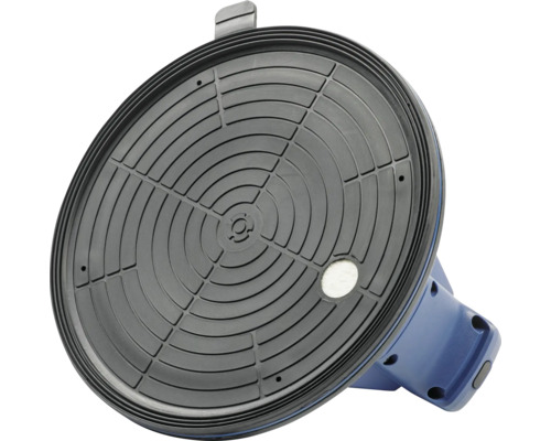 Saugheber mit runder, schwarzer Gummifläche und blauem Gehäuse zur Handhabung glatter Platten.