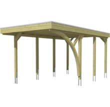 Carport en bois avec toit plat et renforts arqués.