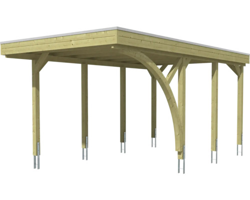 Carport en bois avec toit plat et renforts arqués.