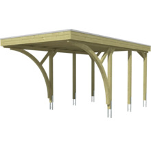 Carport en bois avec toit plat, ancrages de poteaux et liens courbes.