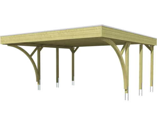 Carport aus Holz mit Flachdach und gebogenen Kopfbändern auf Metallpfostenträgern.