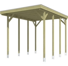 Carport en bois avec toit plat, jambes de force et supports de poteaux galvanisés.