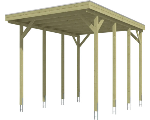 Carport en bois avec toit plat, jambes de force et supports de poteaux galvanisés.