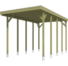 Carport en bois avec toit plat et dix poteaux avec ancrages de poteaux.