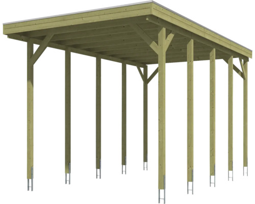 Carport en bois avec toit plat et dix poteaux avec ancrages de poteaux.