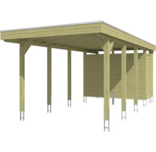 Carport aus Holz mit integriertem Geräteraum, Flachdach und Pfostenankern aus Metall.