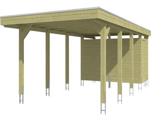 Carport aus Holz mit integriertem Geräteraum, Flachdach und Pfostenankern aus Metall.