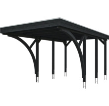 Carport moderne en bois avec toit plat, anthracite, avec bras de force arqués et ancrages de poteaux.