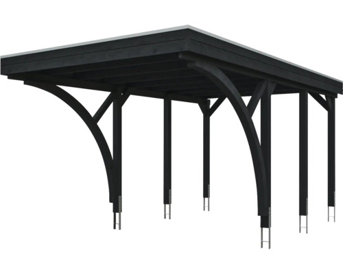 Carport moderne en bois avec toit plat, anthracite, avec bras de force arqués et ancrages de poteaux.
