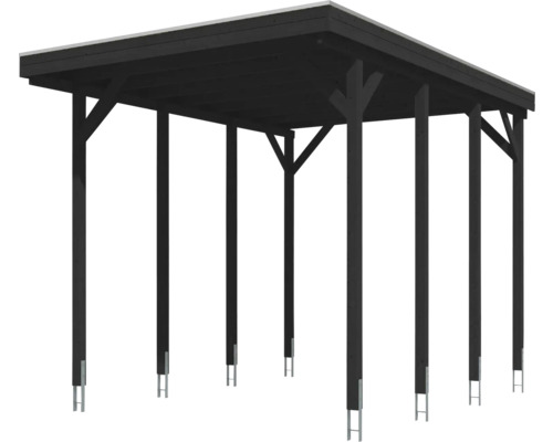 Carport autoportant en bois foncé avec toit plat et ancrages de poteaux.