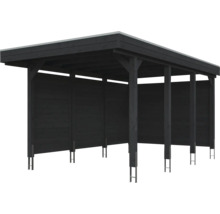 Modernes Carport aus Holz mit Flachdach und integrierten Wandelementen.