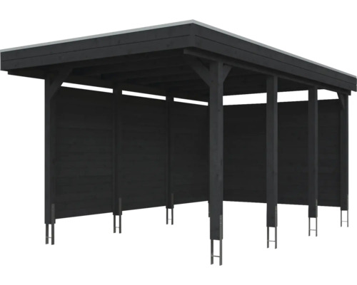 Modernes Carport aus Holz mit Flachdach und integrierten Wandelementen.