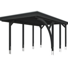 Freistehendes Carport aus dunklem Holz mit Flachdach und Pfostenankern aus Metall.
