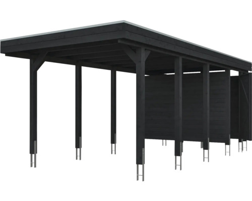 Schwarzes Carport aus Holz mit Flachdach und Seitenwänden.