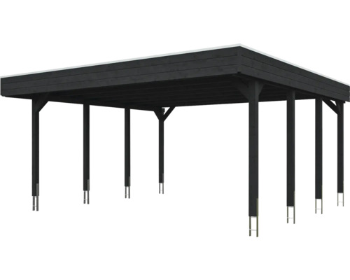 Carport double en bois noir avec toit plat et poteaux robustes sur ancres métalliques.
