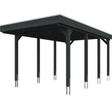 Carport double en bois couleur anthracite avec toit plat et six poteaux avec ancres en H.