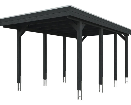Carport double en bois couleur anthracite avec toit plat et six poteaux avec ancres en H.