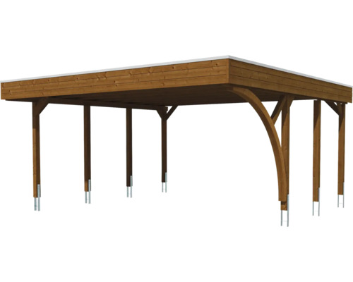 Freistehender Holz-Carport mit Flachdach und Pfostenankern aus Metall.