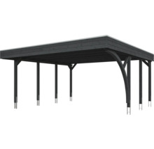 Abri de voiture moderne en bois avec toit plat et supports de poteaux métalliques en anthracite.