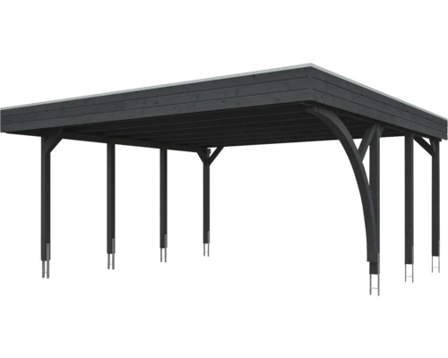 Abri de voiture moderne en bois avec toit plat et supports de poteaux métalliques en anthracite.