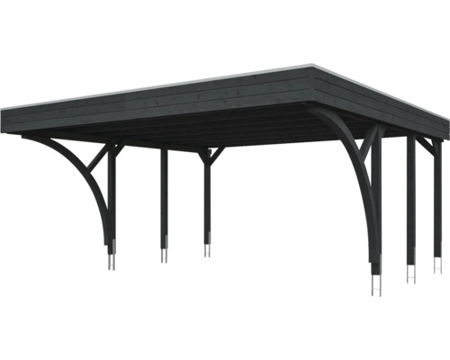 Dunkles Holz-Carport mit Flachdach, bogenförmigen Kopfbändern und Metallpfostenträgern.