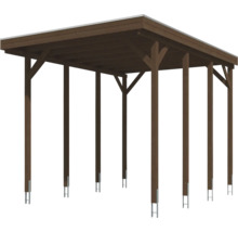 Carport en bois marron avec toit plat et poteaux.