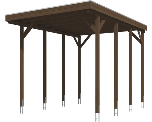 Carport en bois marron avec toit plat et poteaux.