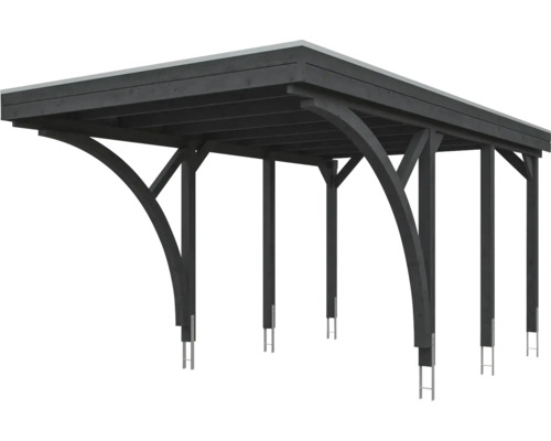 Carport simple moderne en bois anthracite avec toit plat et jambes de force courbées.