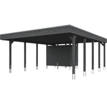 Carport double en bois anthracite avec toit plat et remise intégrée.