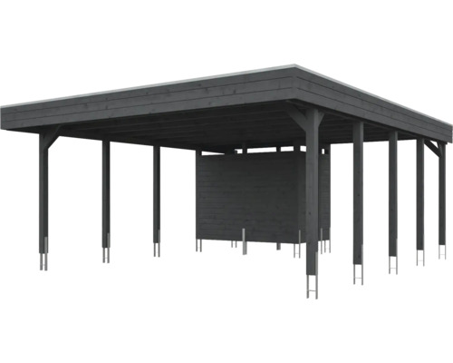 Carport double en bois anthracite avec toit plat et remise intégrée.