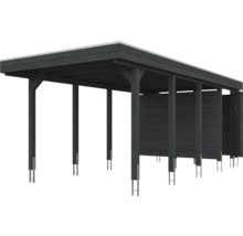 Carport en bois gris foncé avec toit plat et paroi arrière partielle en planches de bois.
