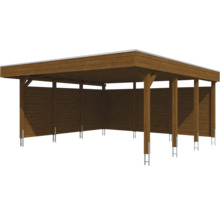 Carport aus Holz mit Flachdach und drei geschlossenen Seitenwänden, Pfosten mit Metallankern.
