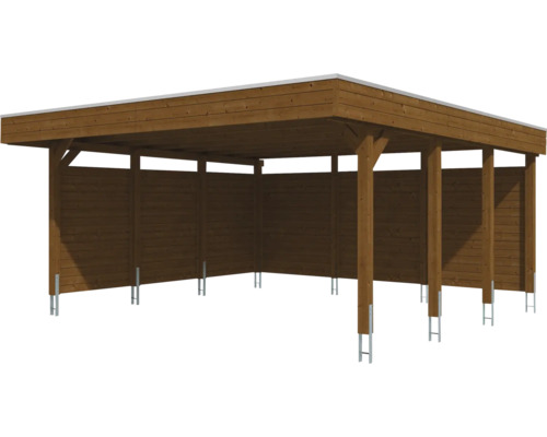 Carport aus Holz mit Flachdach und drei geschlossenen Seitenwänden, Pfosten mit Metallankern.