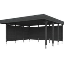 Carport en bois anthracite avec toit plat et trois parois latérales fermées.