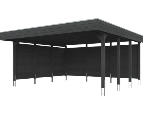 Carport en bois anthracite avec toit plat et trois parois latérales fermées.