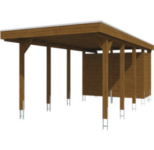 Carport en bois avec remise intégrée et toit plat, monté sur des supports de poteaux en métal.
