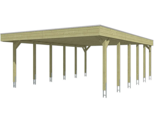 Großer Mehrfachcarport aus Holz mit Flachdach und stabilen Pfosten auf Metallankern.
