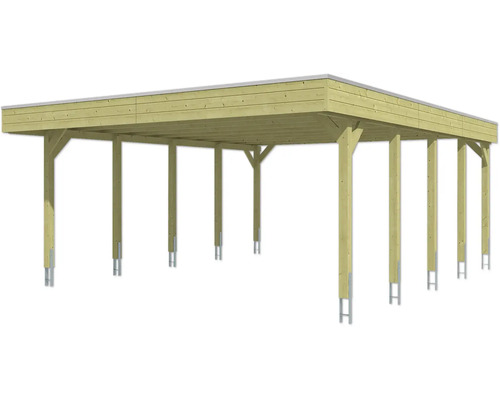 Grand carport en bois avec toit plat et ancres de poteaux en métal.