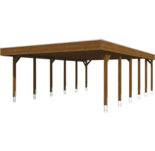Doppelcarport aus Holz mit Flachdach und stabilen Pfosten.