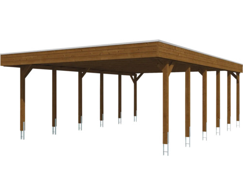 Doppelcarport aus Holz mit Flachdach und stabilen Pfosten.
