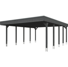 Abri de voiture double en bois avec toit plat et ancrages de poteaux en anthracite.