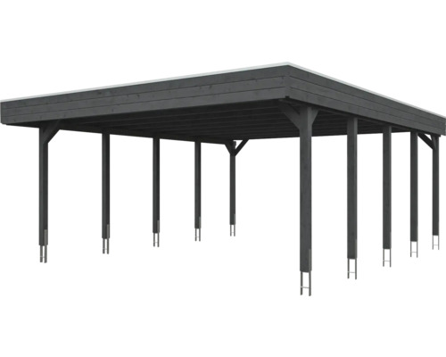 Abri de voiture double en bois avec toit plat et ancrages de poteaux en anthracite.