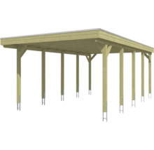 Carport en bois avec toit plat et ancres de poteau.