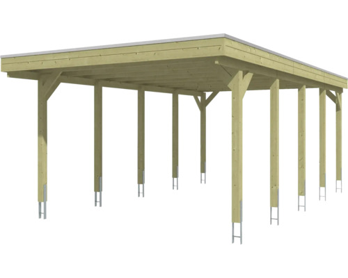 Carport en bois avec toit plat et ancres de poteau.