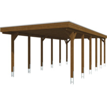 Carport en bois avec toit plat et supports de poteaux en métal.