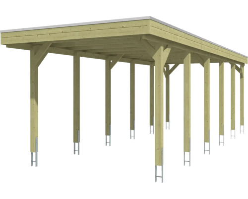 Carport aus Holz mit Flachdach und Pfostenankern.