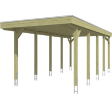Carport en bois clair avec toit plat et ancrages de poteaux en métal.