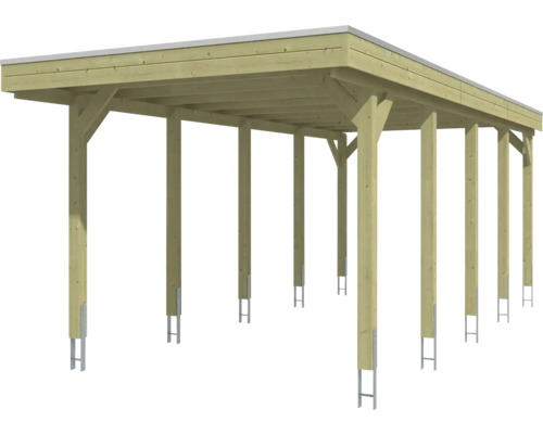 Carport en bois clair avec toit plat et ancrages de poteaux en métal.