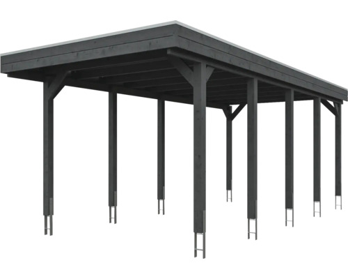 Carport moderne en bois gris anthracite avec toit plat et ancrages de poteaux métalliques.