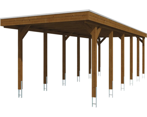 Grand carport en bois avec toit plat et plusieurs poteaux en bois fixés dans des ancres métalliques.